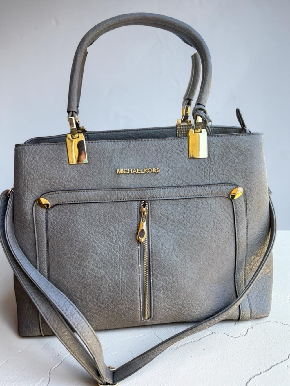 Michael Kors Light Gray Pebbled Leather Satchel with Gold Hardware